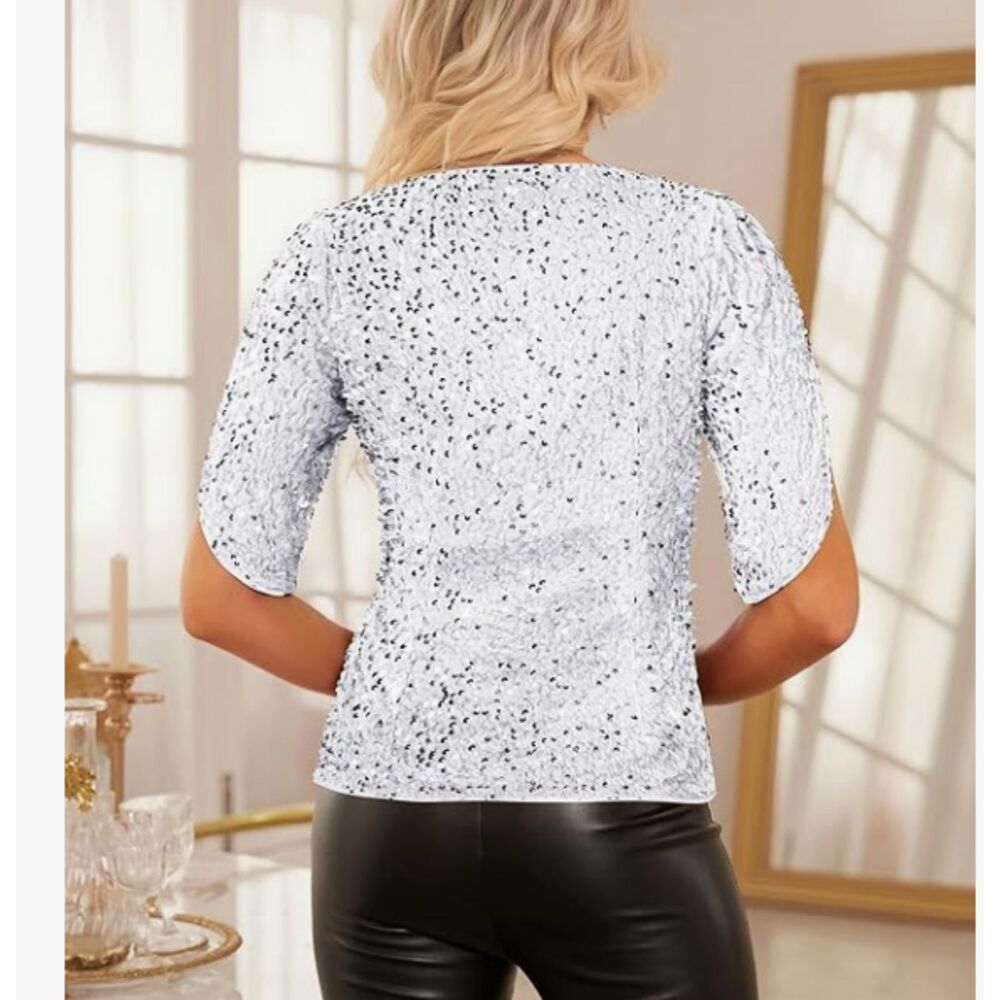 NEW Grace Karin Sequin Top White V Neck Blouse Party Medium NWT - Picture 2 of 6
